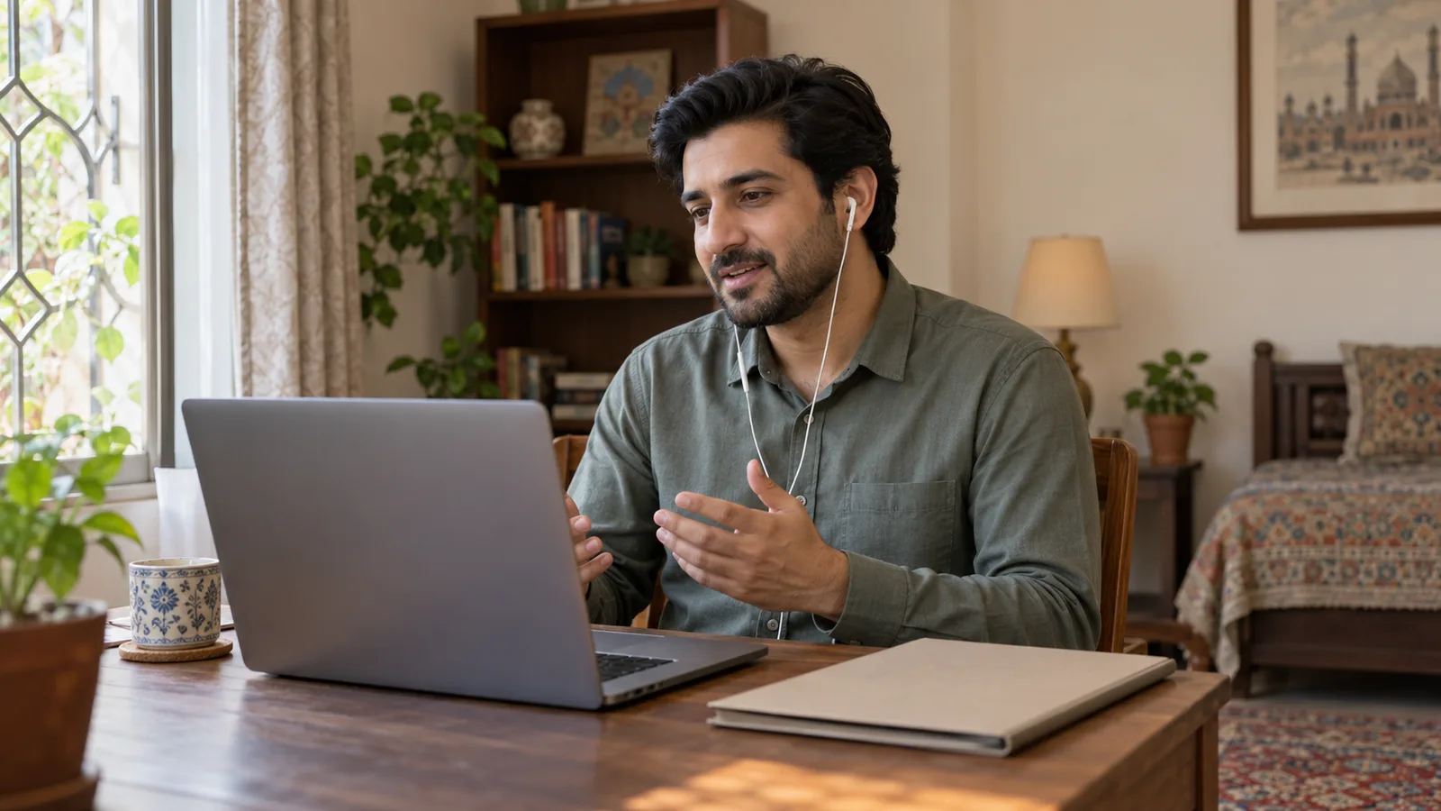 A Pakistani man wearing earphones speaks on a laptop video call at a sunlit desk in his Lahore home.