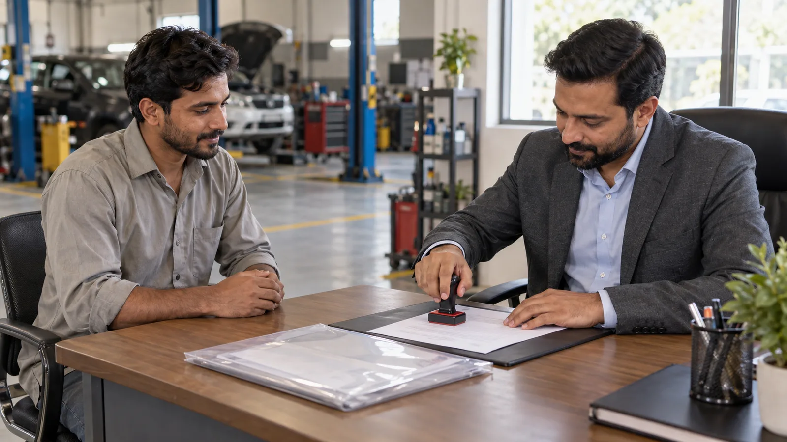 A Pakistani mechanic watches an office manager stamp his experience letter at a desk beside a workshop.