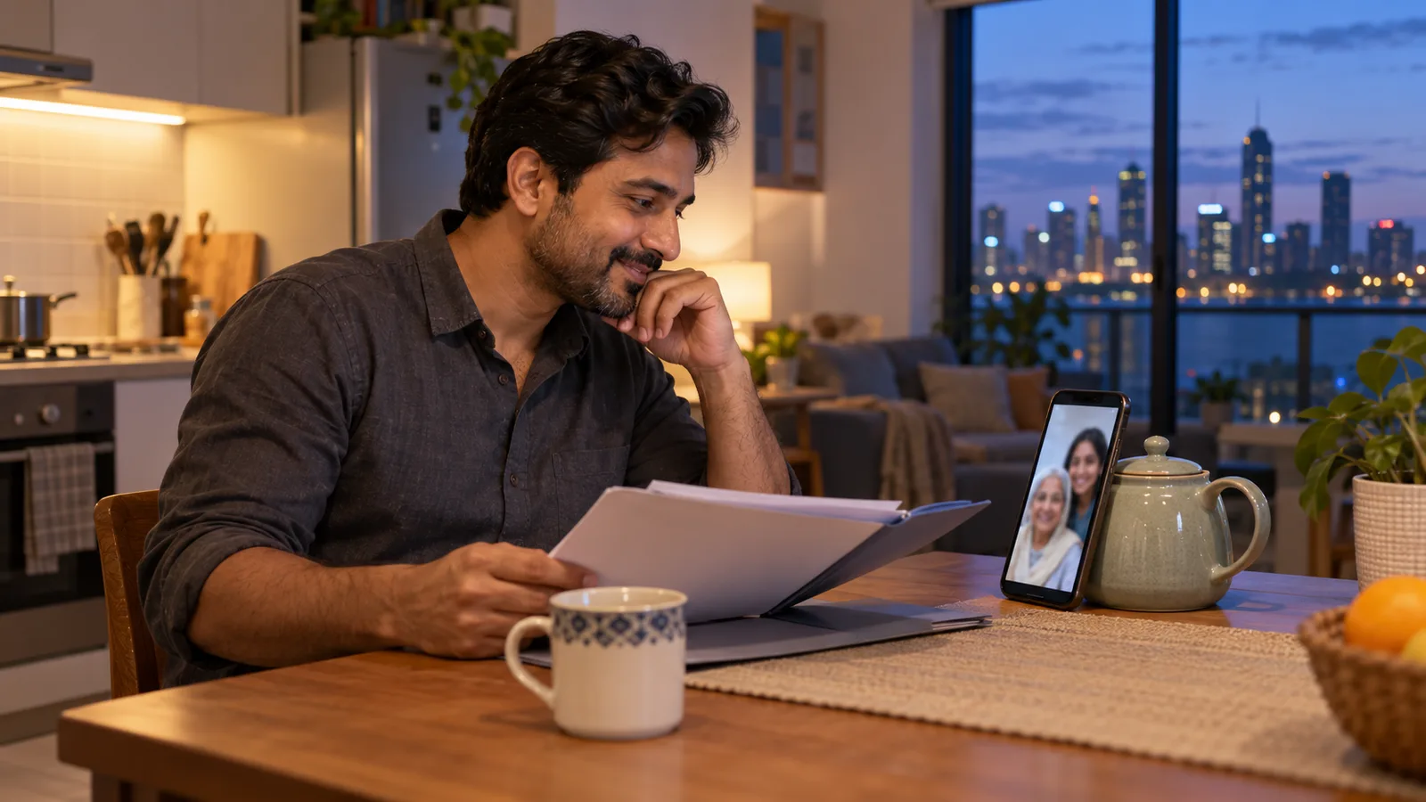 Pakistani worker reviews papers at a kitchen table while video calling his wife and elderly mother on a phone.