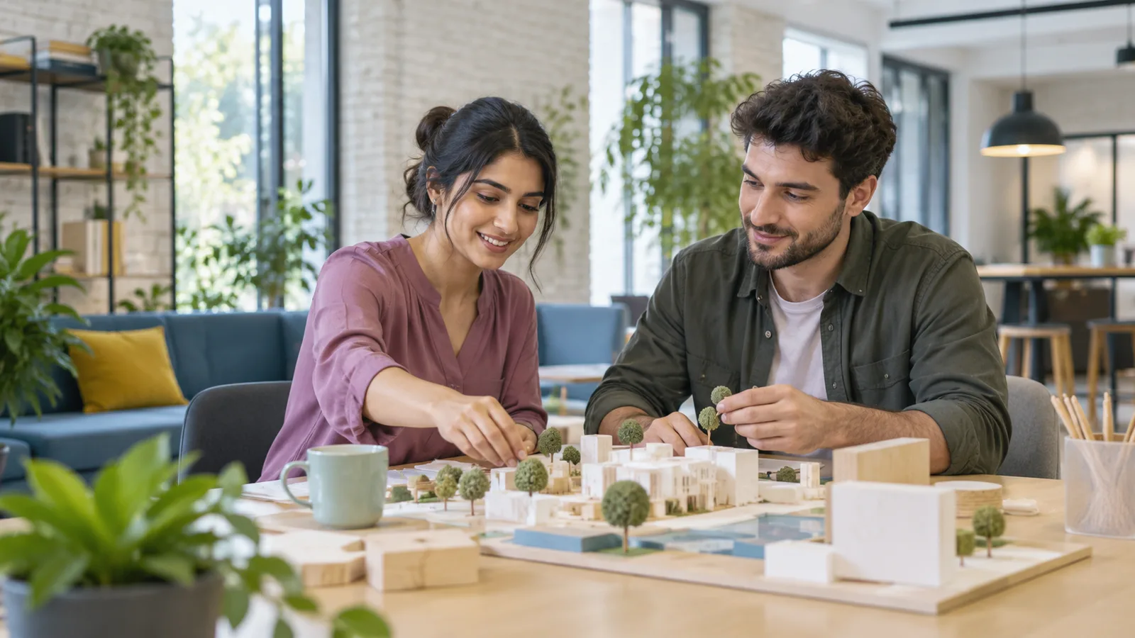 A Pakistani professional collaborates on a physical model in an Australian innovation space.