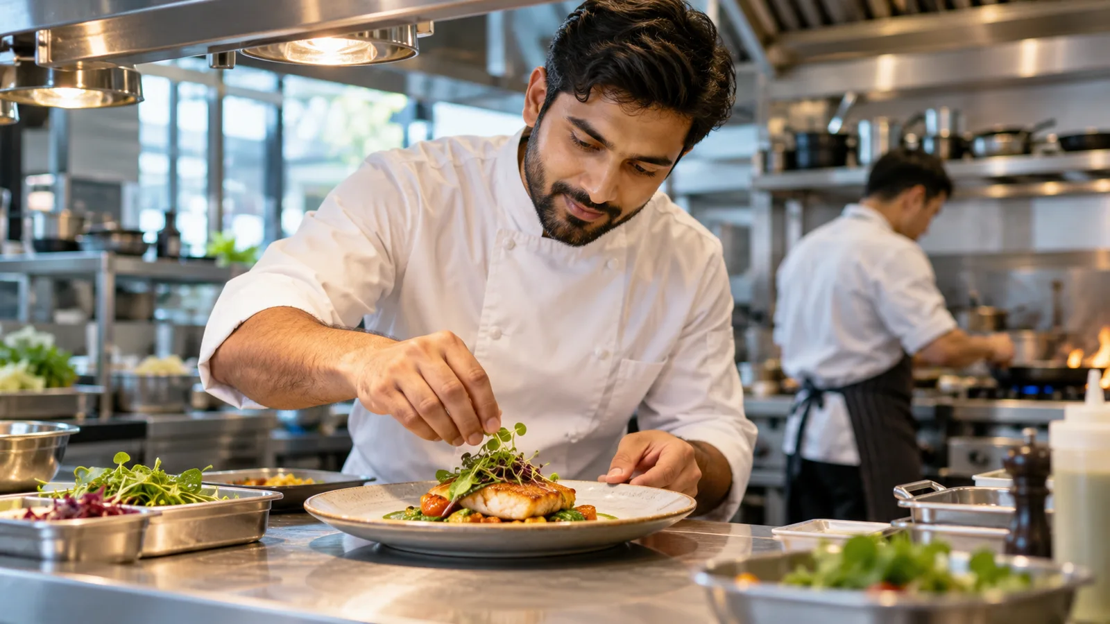 A Pakistani cook plates a dish at a stainless-steel pass in an Auckland restaurant kitchen while a colleague works behind him.