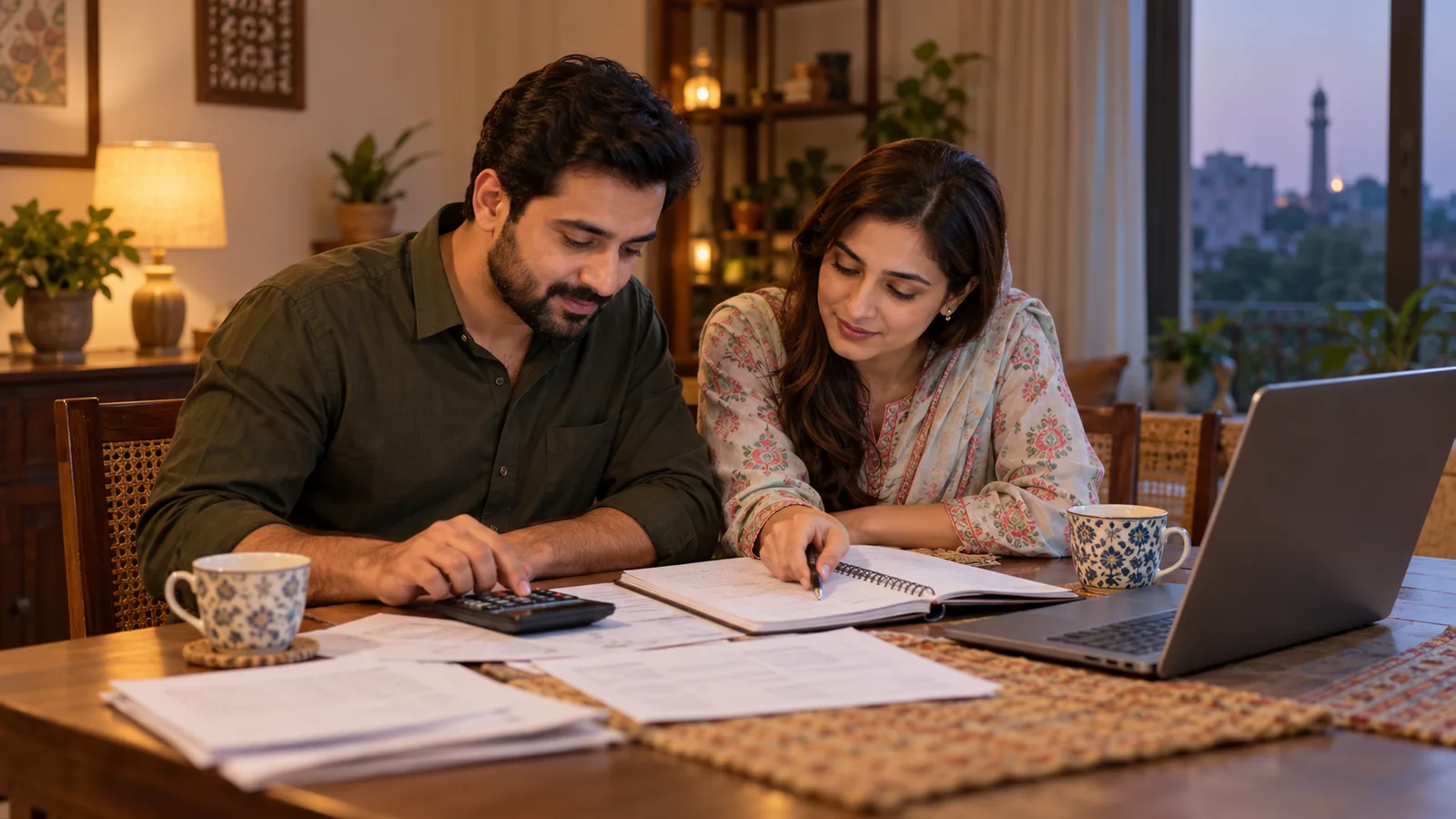 Pakistani couple in Lahore reviews a household budget with a calculator, notebook and laptop over tea.