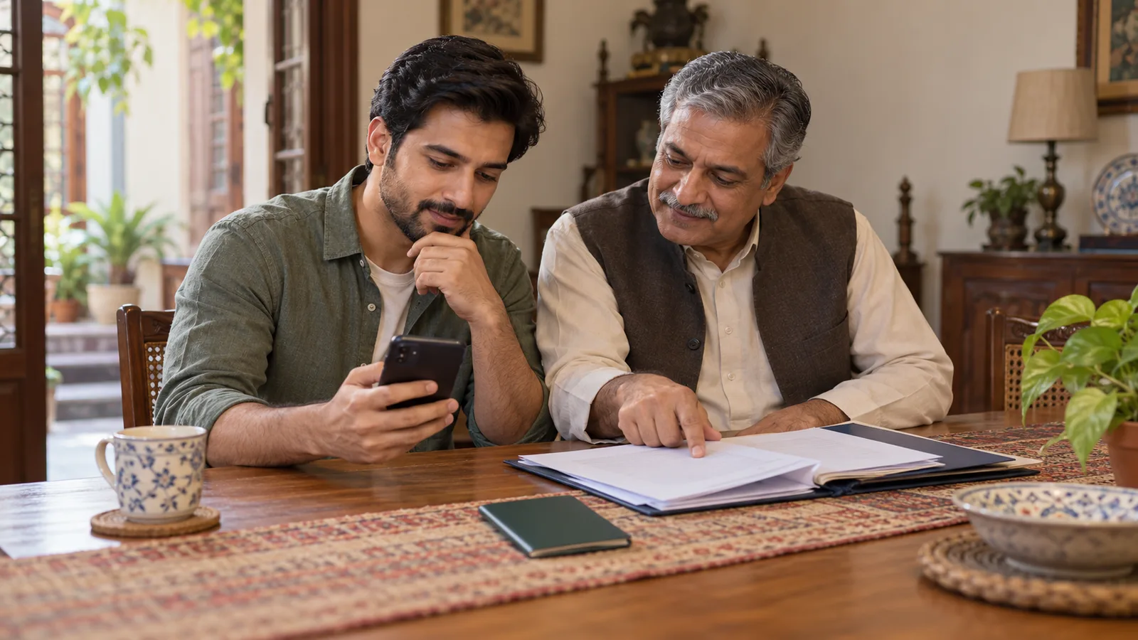 A Pakistani man checks his phone as an older relative points to papers beside a closed passport at home.