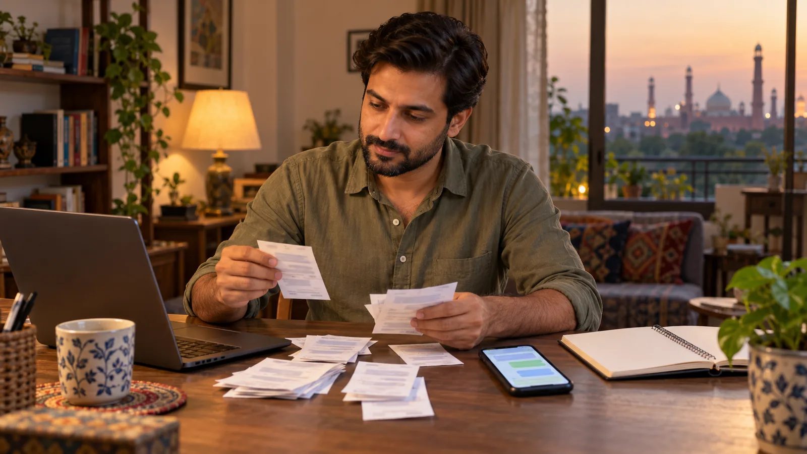 A Pakistani man sorts payment slips beside a phone with blurred messages and an open notebook at his Lahore home desk.