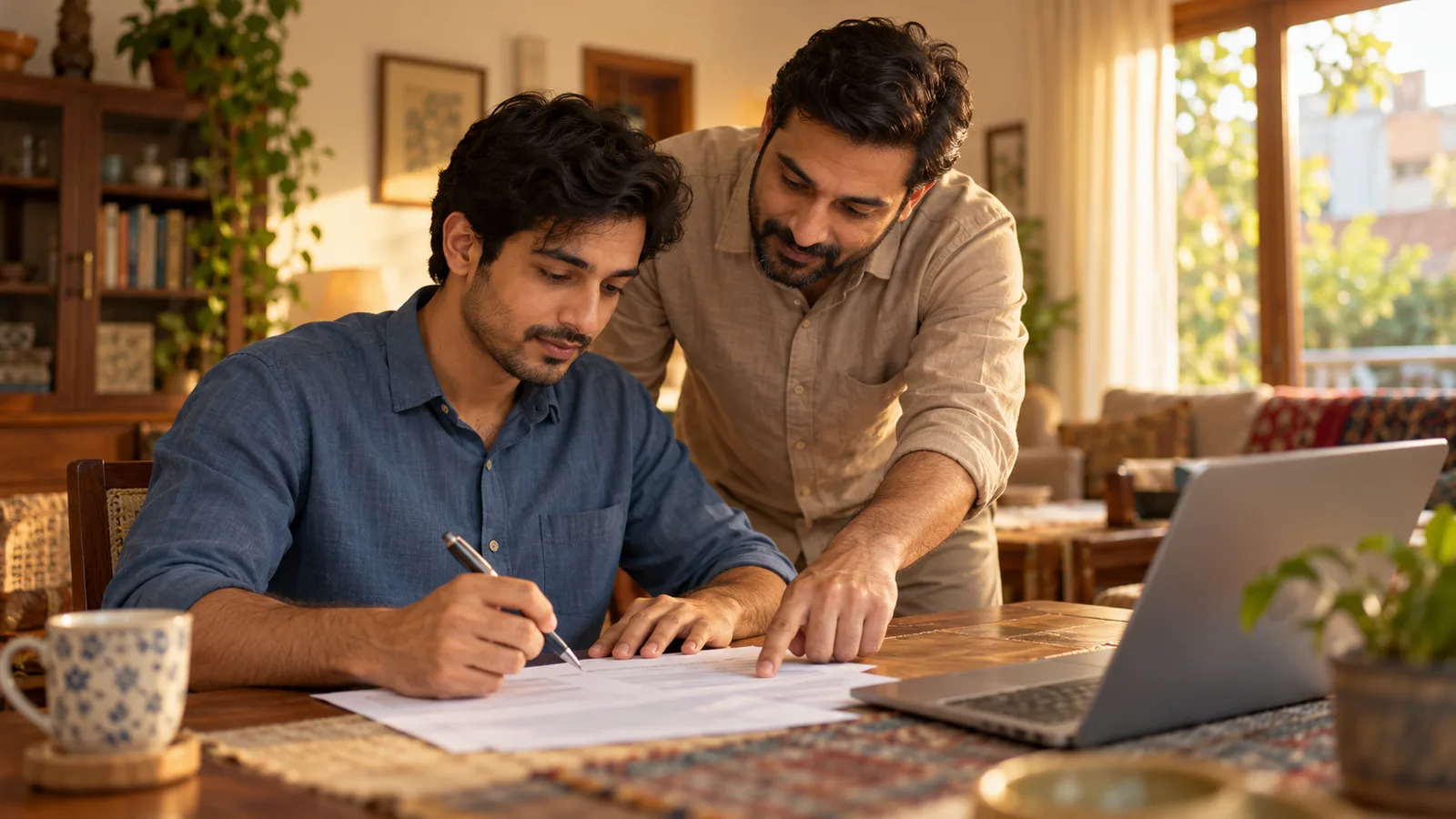 A Pakistani worker and his older brother review a job offer letter beside a laptop at their dining table in Lahore.