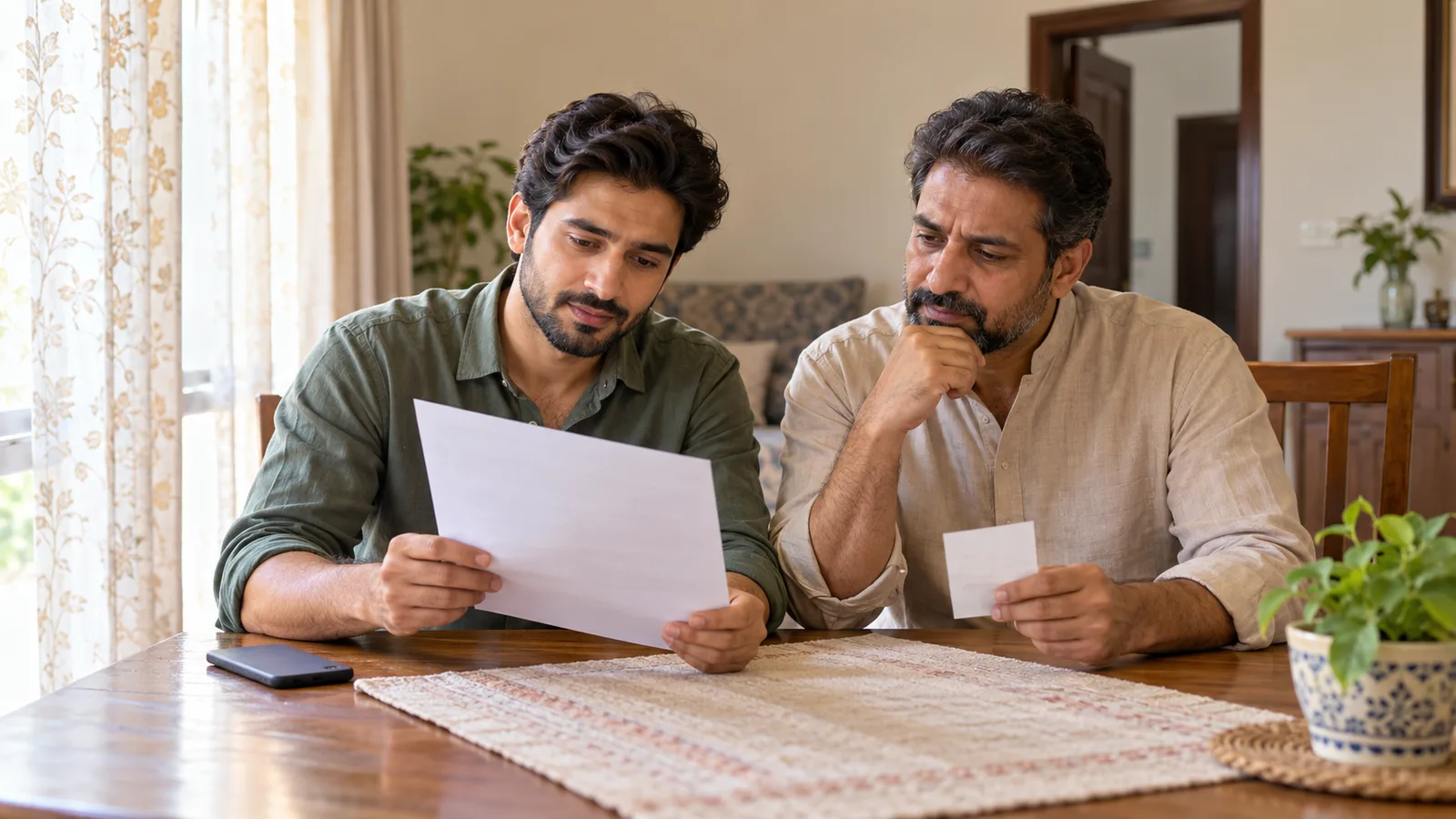 Two Pakistani brothers compare a job contract and a small receipt at a home table, with a phone face down beside them.