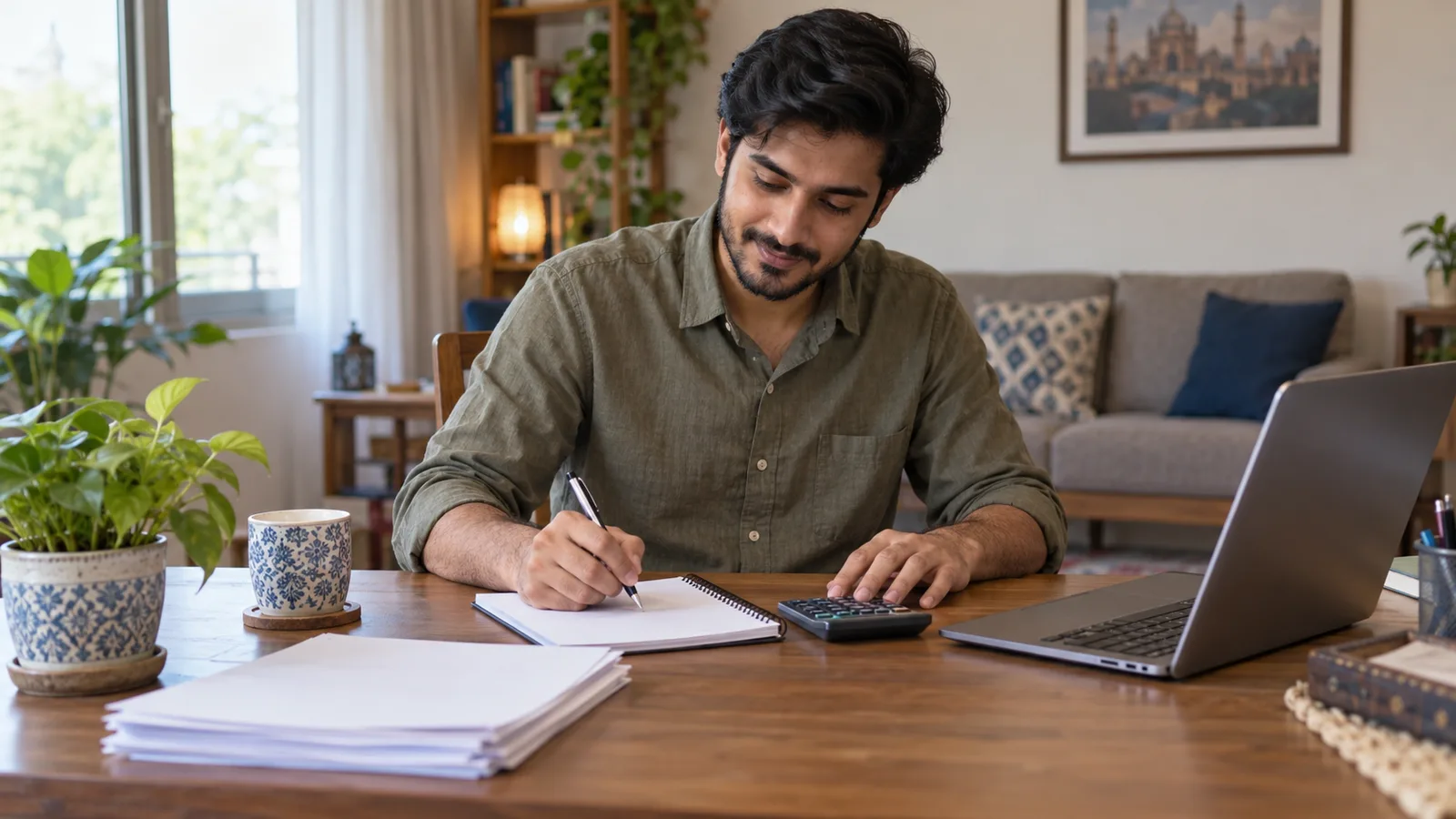 A Pakistani man calculates document costs at home with a notepad, calculator, papers and laptop.