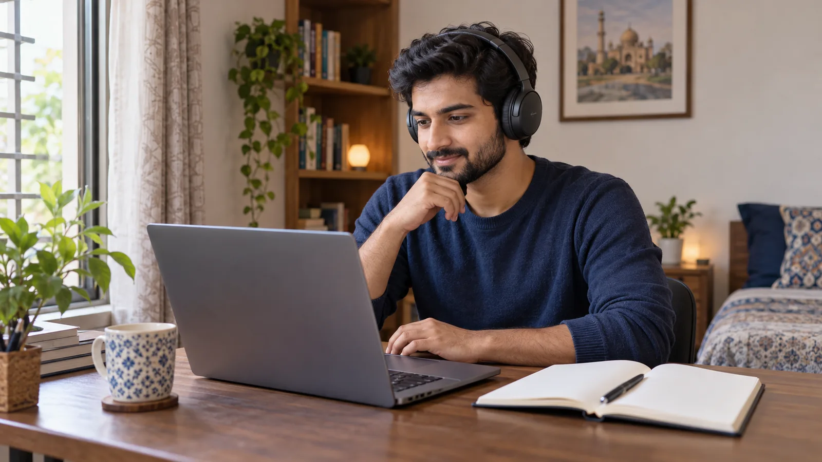A man wearing headphones studies on a laptop at a home desk with an open notebook and pen beside him.