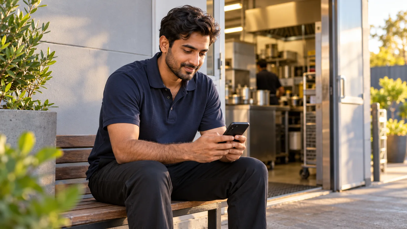 A Pakistani worker checks his phone on a bench outside a commercial kitchen in Perth after his shift.