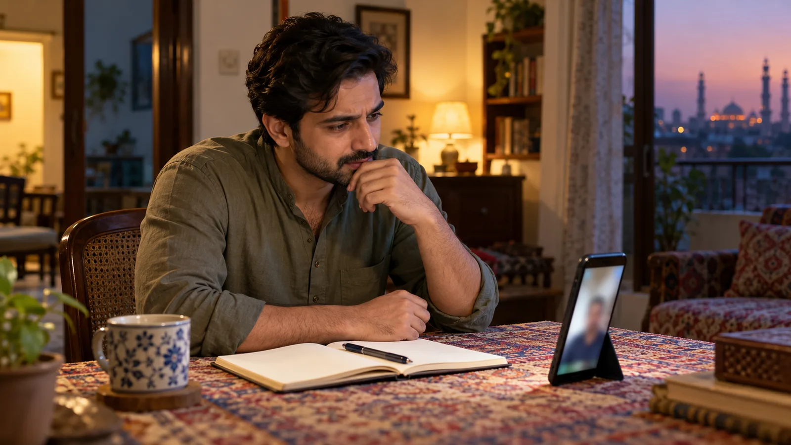 A Pakistani man thoughtfully watches a blurred video call at home, with an open notebook and pen beside him.
