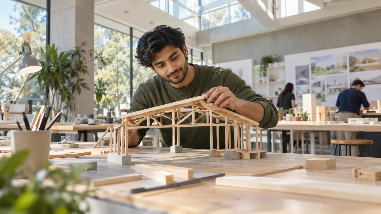 A Pakistani engineering graduate develops a structural model in an Australian university studio.