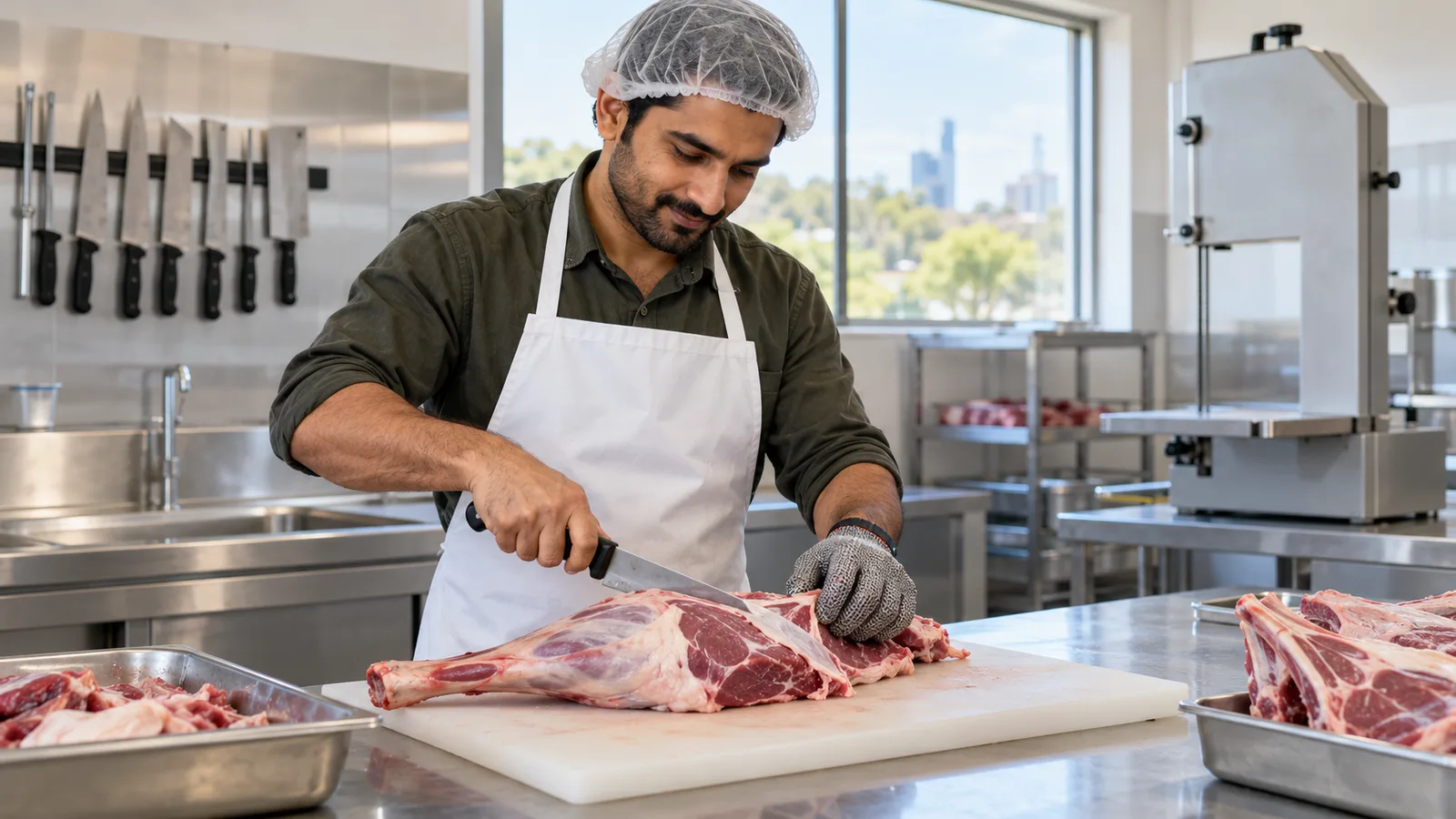 Pakistani butcher in a white apron and hairnet trims lamb at a stainless steel bench in an Australian prep room.