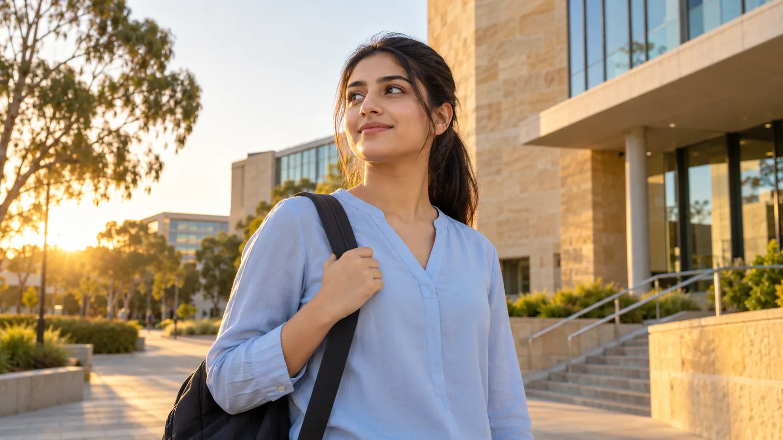 A Pakistani student stands confidently outside an Australian university building at golden hour.